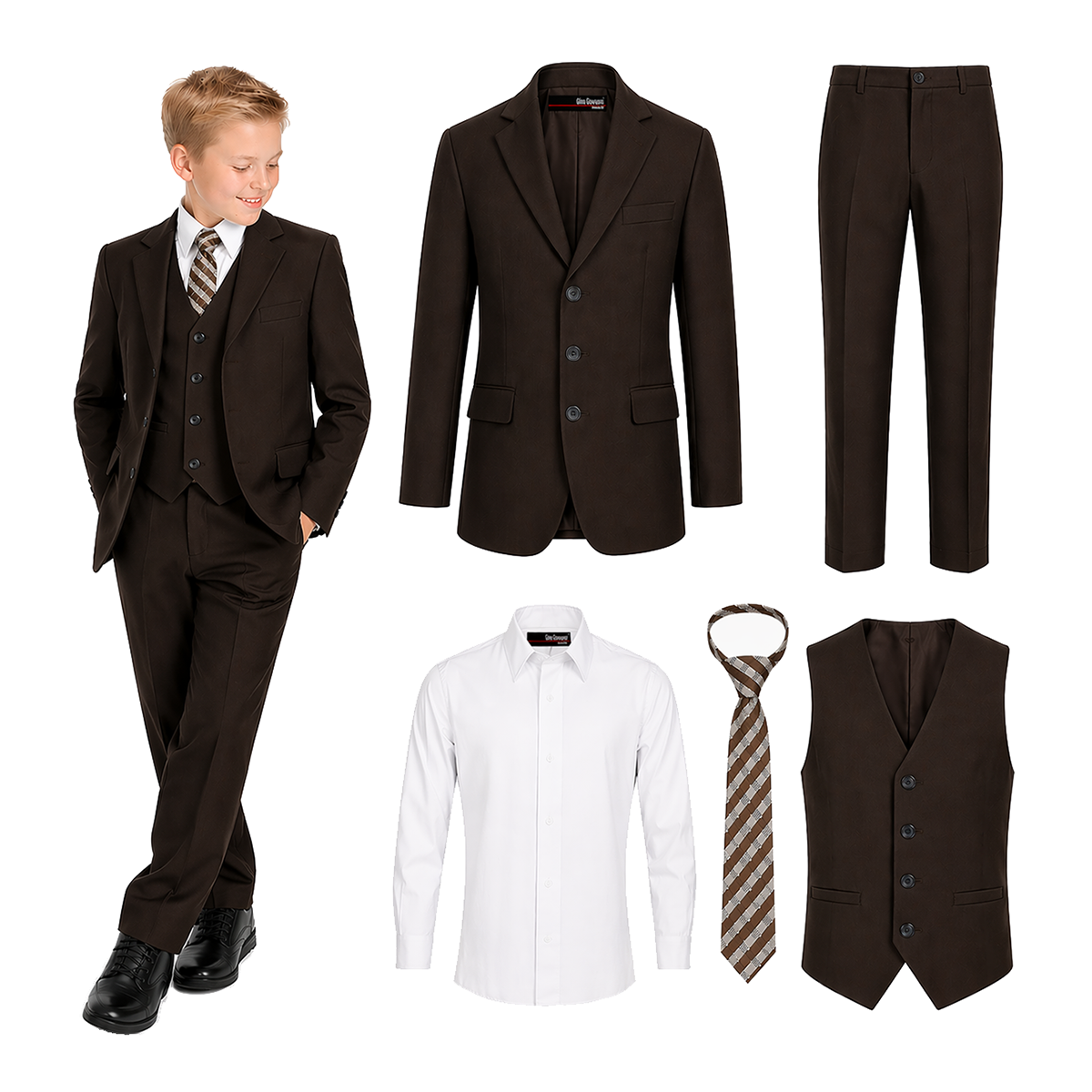 Gino Giovanni Boys 5 Piece Suit Set Wedding Ring Boy Formal Outfit Jacket Vest Pants Shirt Tie