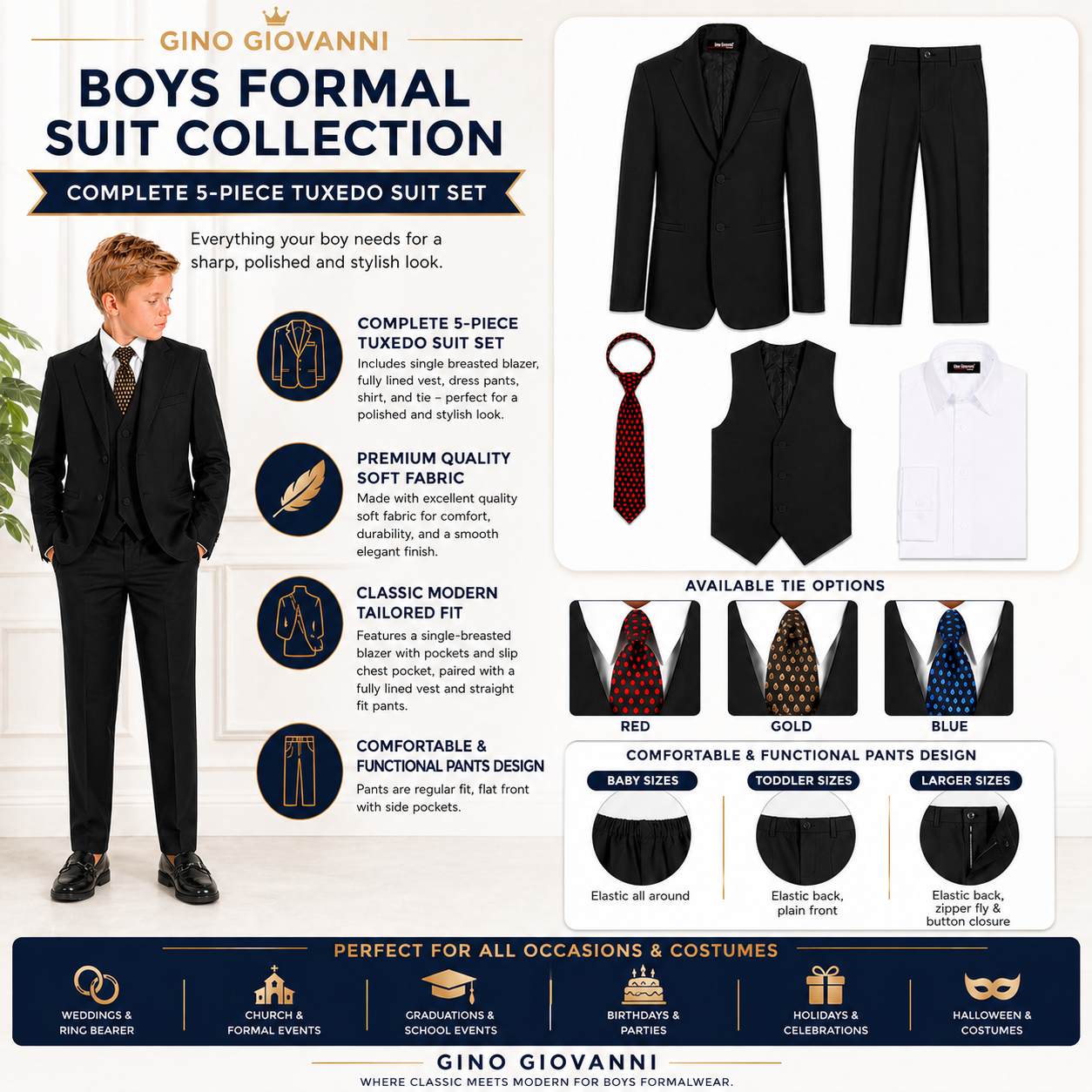 Gino Giovanni Boys' 5-Piece Formal Suit Set GC186-GC188