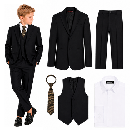 Gino Giovanni Boys' 5-Piece Formal Suit Set GC186-GC188 - Black/Gold Tie - Size 20