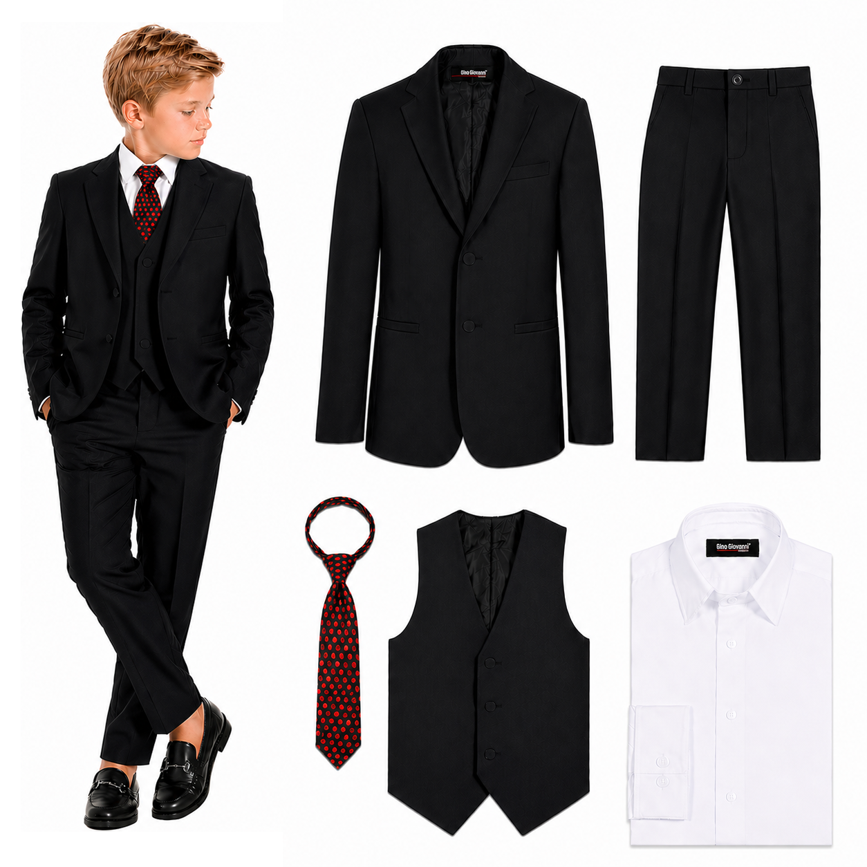 Gino Giovanni Boys' 5-Piece Formal Suit Set GC186-GC188 - Black/Red Tie - Size 20