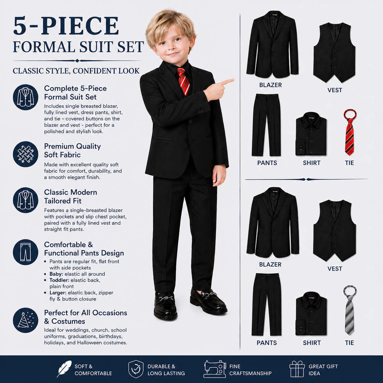 Gino Giovanni Boys' 5-Piece Formal Suit Set With Black shirt