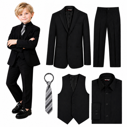 Gino Giovanni Boys' 5-Piece Formal Suit Set GC190-GC191 - All Black Suit/Silver Tie - 20