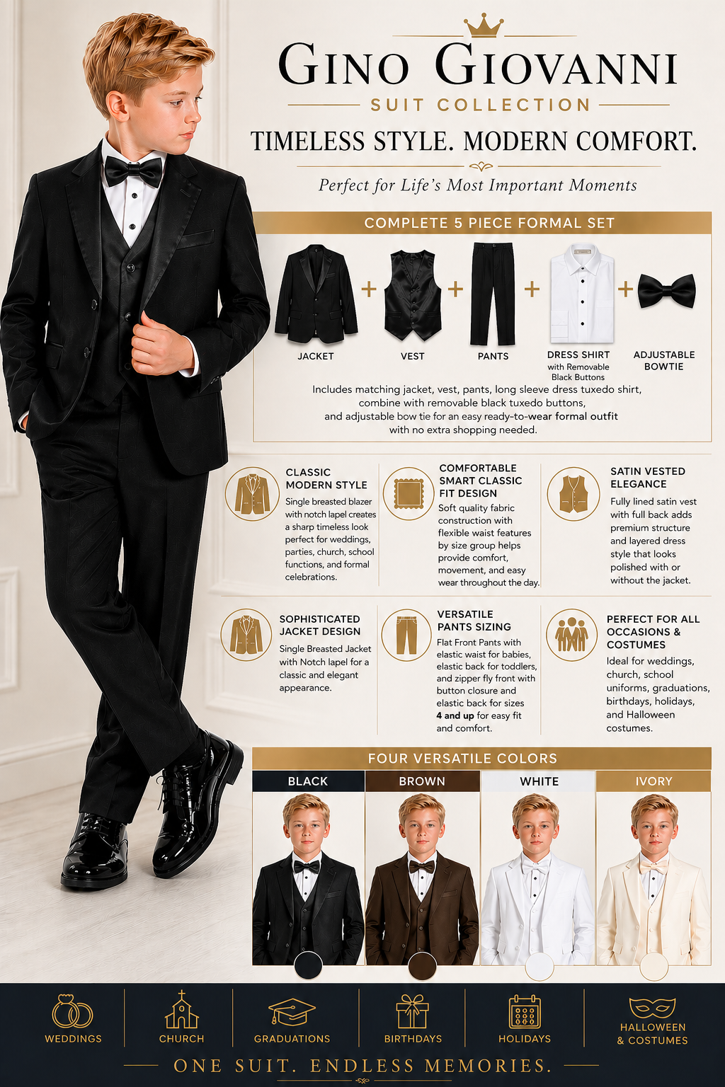 Gino Giovanni Boys 5-Piece Formal Tuxedo Suit Set with Vest, Shirt, Pants and Tie