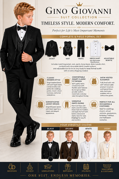 Gino Giovanni Boys 5-Piece Formal Tuxedo Suit Set with Vest, Shirt, Pants and Tie