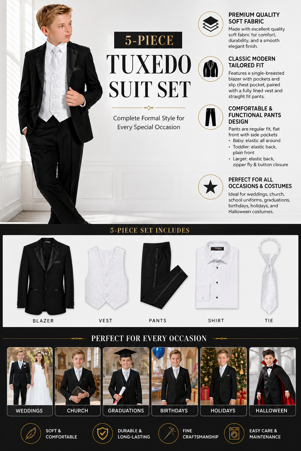 Gino Giovanni Boys' 5-Piece Formal Tuxedo Set GC212-GC260