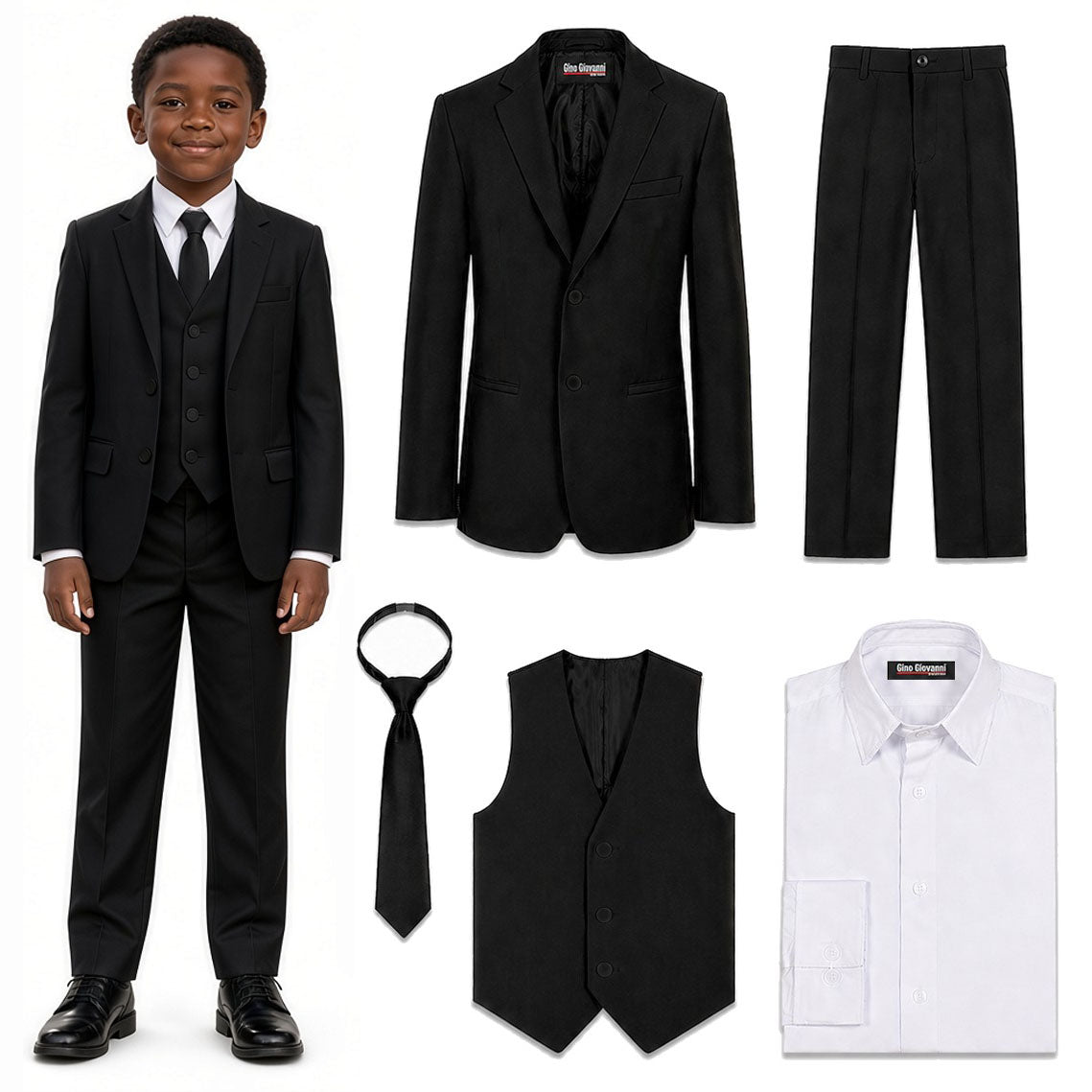Gino Giovanni Boys’ Black 5-Piece Suit Set with Necktie – Secret Agent, Spy or Mobster Halloween Costume and Formal Outfit