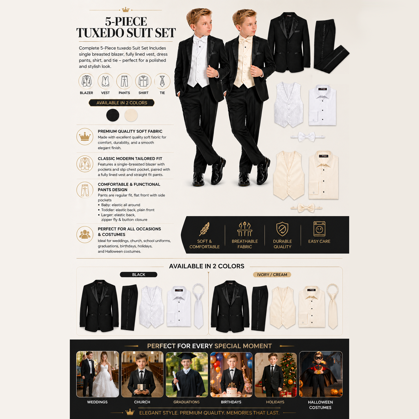Gino Giovanni Boys' 5-Piece Formal Tuxedo Set GC212-GC260