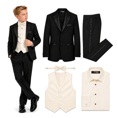 Gino Giovanni Boys' 5-Piece Formal Tuxedo Set GC212-GC260 - Black Tuxedo/Ivory Vest - Size 14