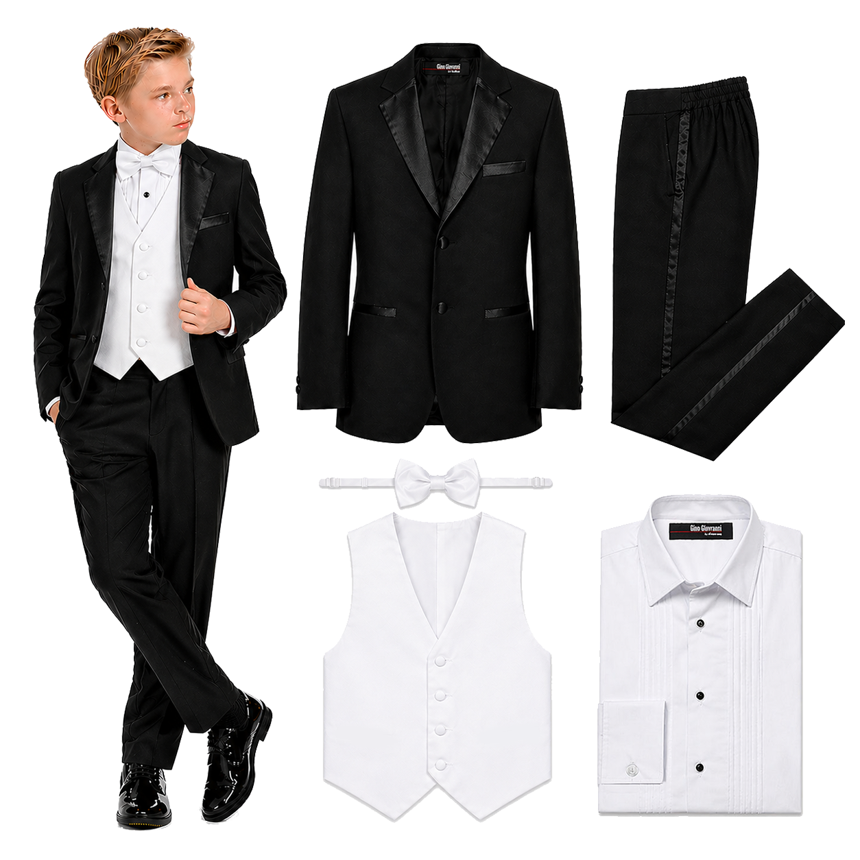 Gino Giovanni Boys' 5-Piece Formal Tuxedo Set GC212-GC260 - Black Tuxedo/White Vest - Size 14