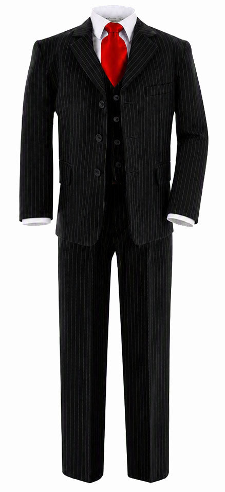Johnnie Lene Boy's Suit Set: Blazer Vest Pants Shirt Tie Infants to Teen - Pinstripe Black