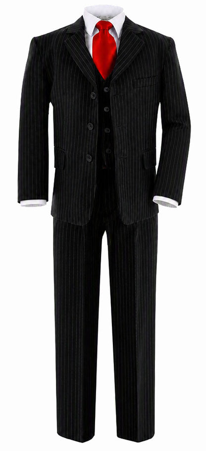Johnnie Lene Boy's Suit Set: Blazer Vest Pants Shirt Tie Infants to Teen - Pinstripe Black