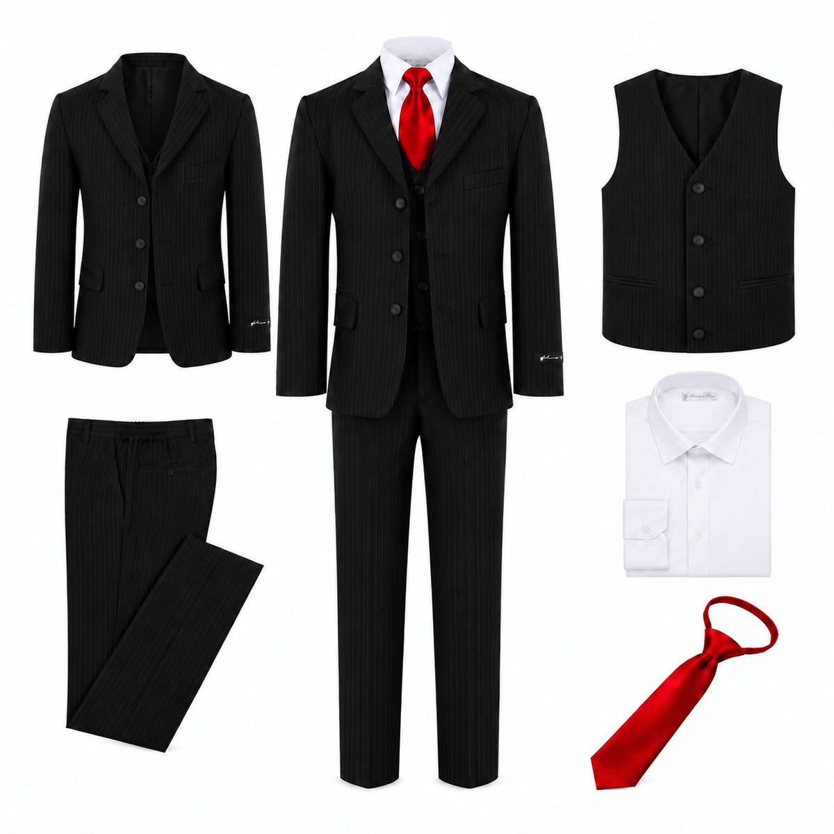 Johnnie Lene Boy's Suit Set: Blazer Vest Pants Shirt Tie Infants to Teen - Pinstripe Black