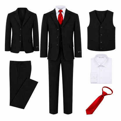 Johnnie Lene Boy's Suit Set: Blazer Vest Pants Shirt Tie Infants to Teen - Pinstripe Black