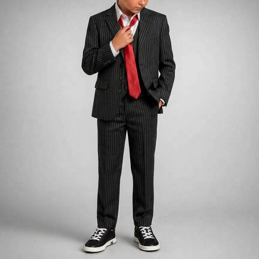 Johnnie Lene Boy's Suit Set: Blazer Vest Pants Shirt Tie Infants to Teen - Pinstripe Black