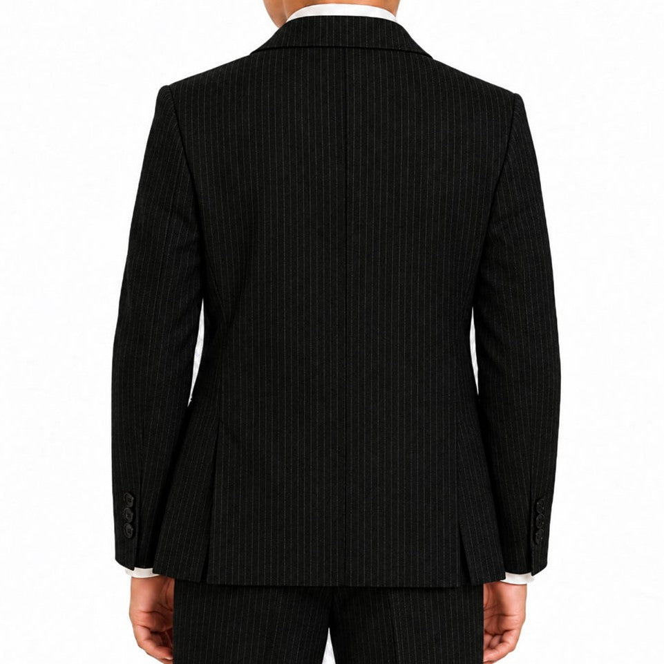 Johnnie Lene Boy's Suit Set: Blazer Vest Pants Shirt Tie Infants to Teen - Pinstripe Black