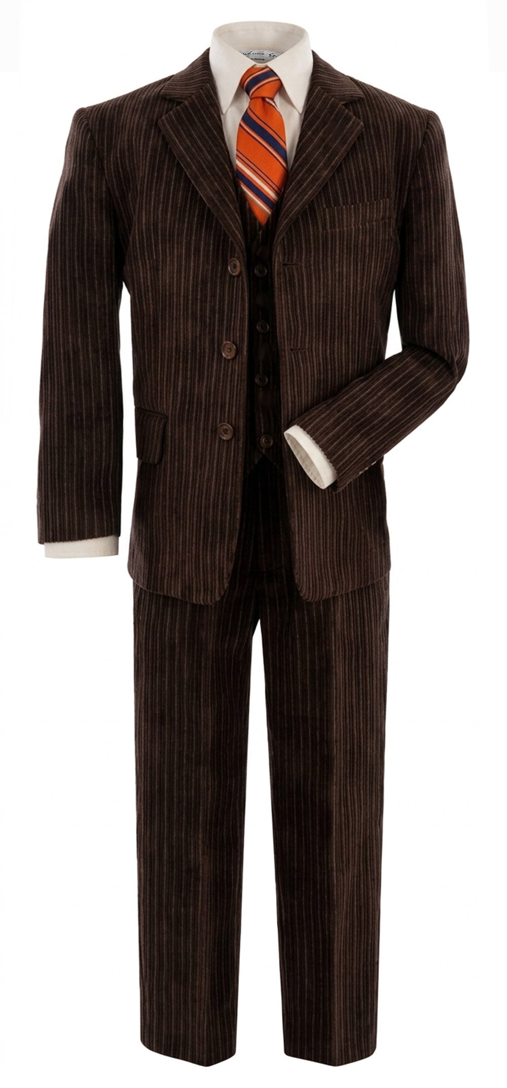 Johnnie Lene Boy's Suit Set: Blazer Vest Pants Shirt Tie Infants to Teen - Pinstripe Brown