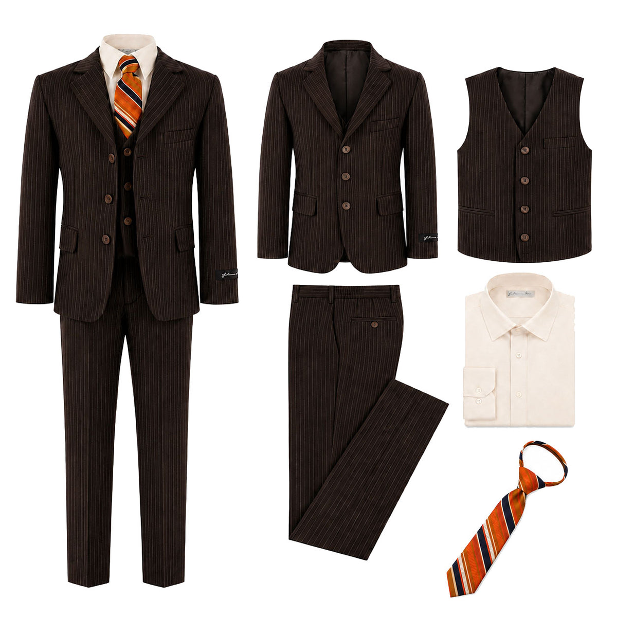 Johnnie Lene Boy's Suit Set: Blazer Vest Pants Shirt Tie Infants to Teen - Pinstripe Brown