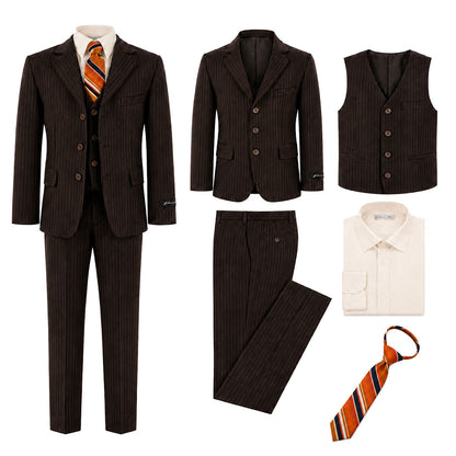 Johnnie Lene Boy's Suit Set: Blazer Vest Pants Shirt Tie Infants to Teen - Pinstripe Brown