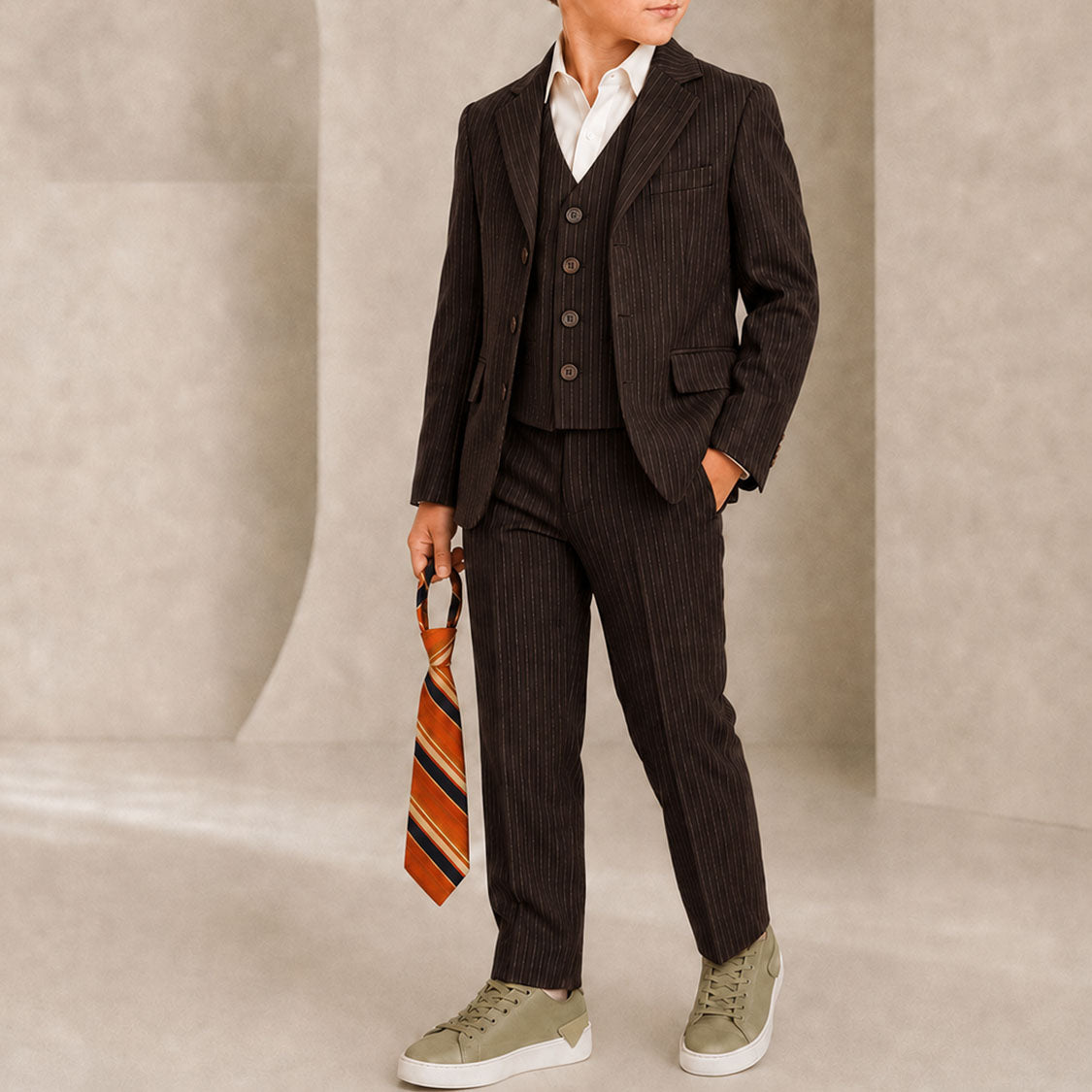 Johnnie Lene Boy's Suit Set: Blazer Vest Pants Shirt Tie Infants to Teen - Pinstripe Brown