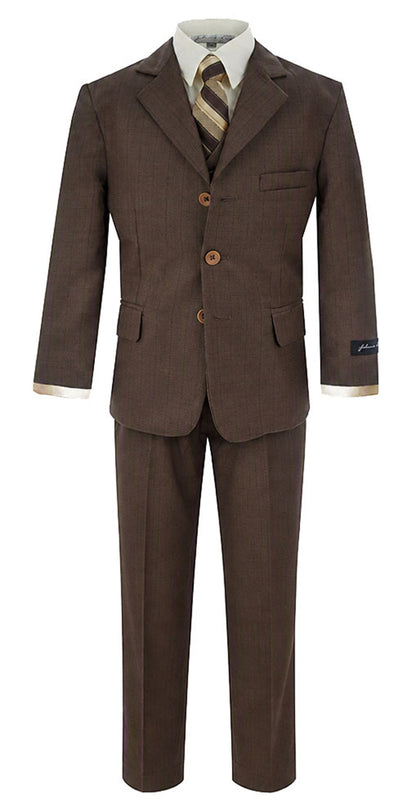 Johnnie Lene Boy's Suit Set: Blazer Vest Pants Shirt Tie Infants to Teen - Brown