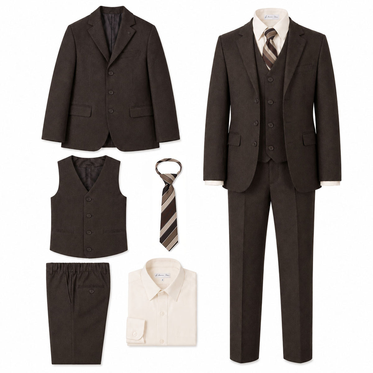 Johnnie Lene Boy's Suit Set: Blazer Vest Pants Shirt Tie Infants to Teen - Brown