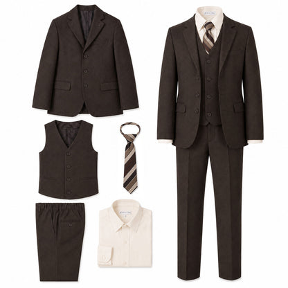 Johnnie Lene Boy's Suit Set: Blazer Vest Pants Shirt Tie Infants to Teen - Brown