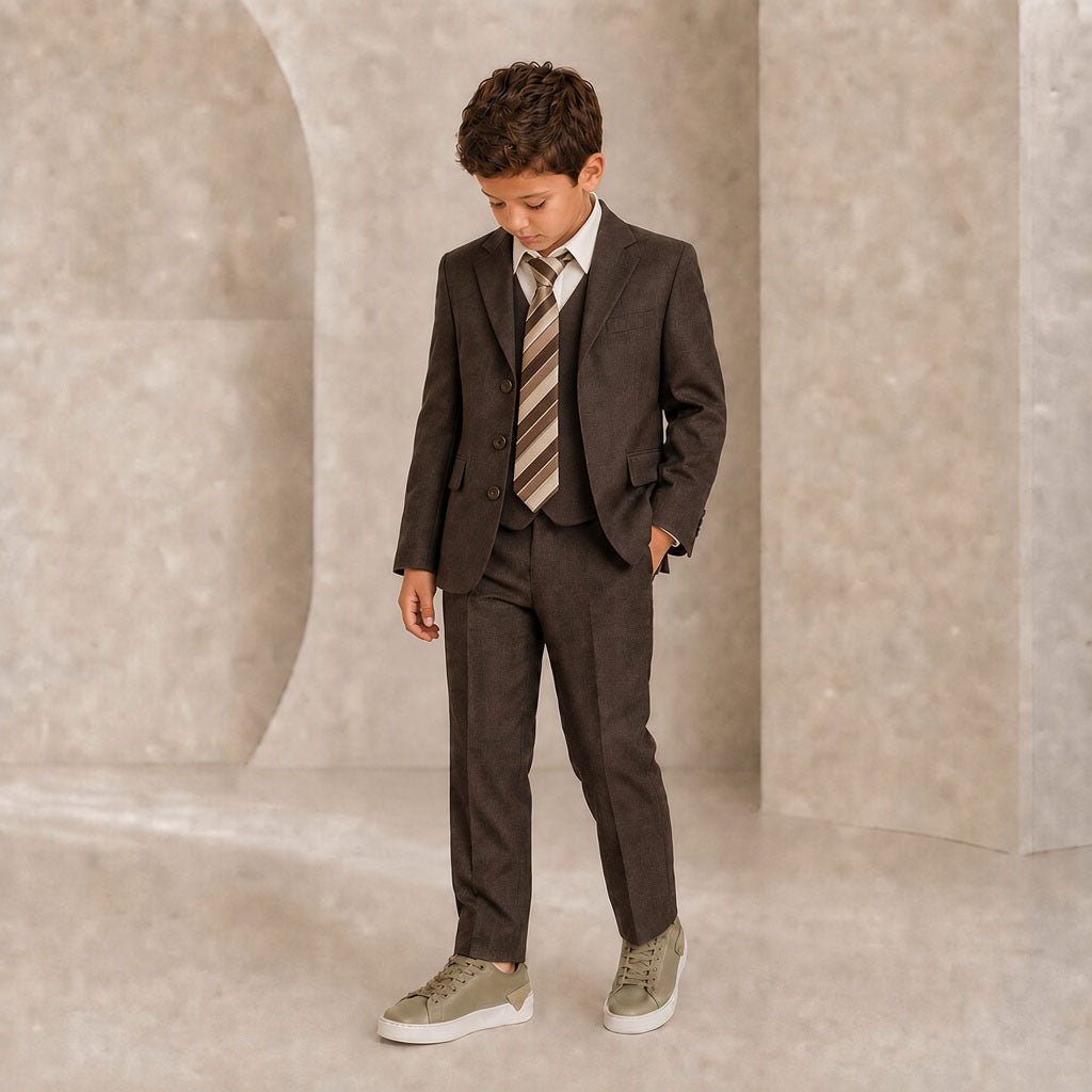 Johnnie Lene Boy's Suit Set: Blazer Vest Pants Shirt Tie Infants to Teen - Brown