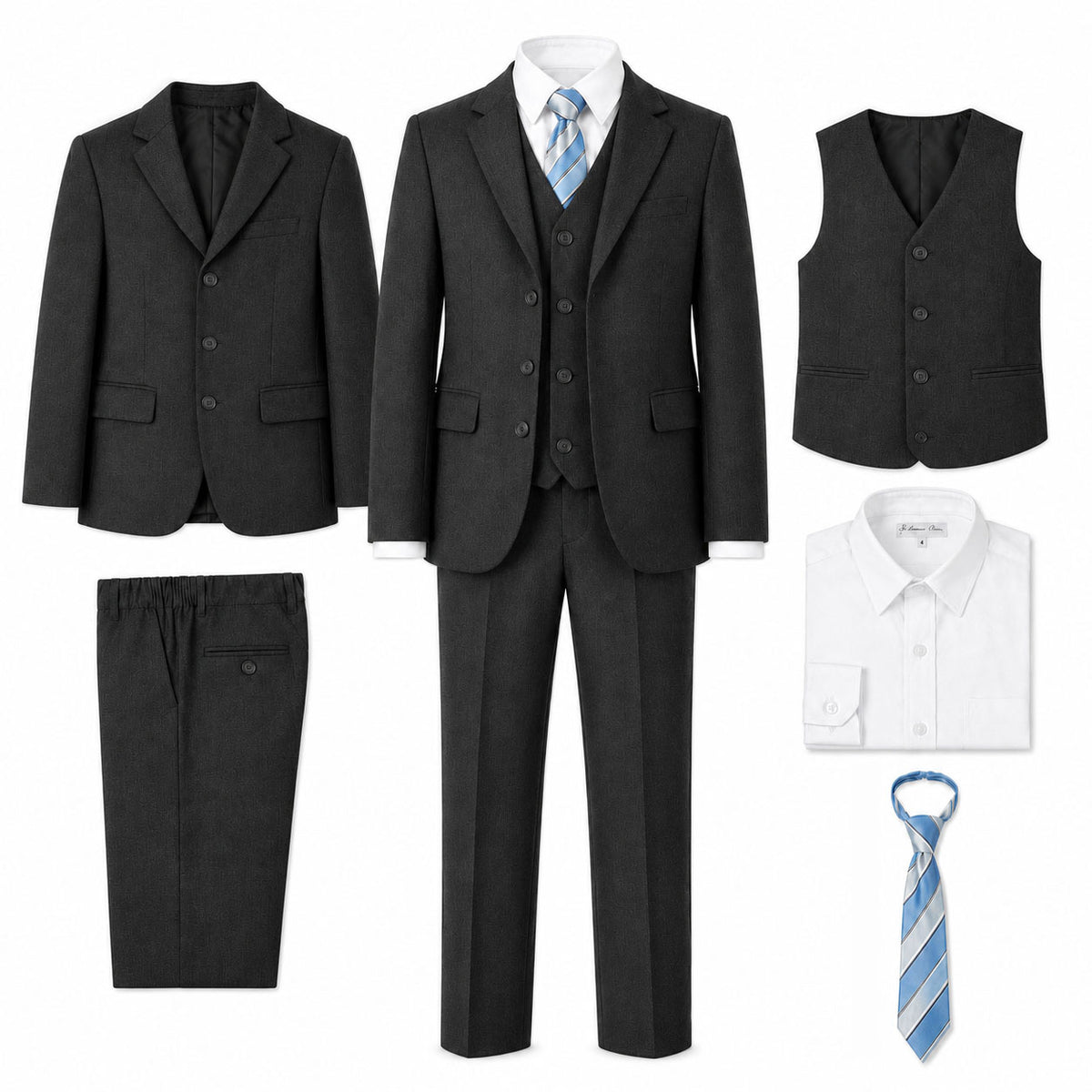 Johnnie Lene Boy's Suit Set: Blazer Vest Pants Shirt Tie Infants to Teen - Charcoal Gray