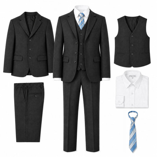 Johnnie Lene Boy's Suit Set: Blazer Vest Pants Shirt Tie Infants to Teen - Charcoal Gray