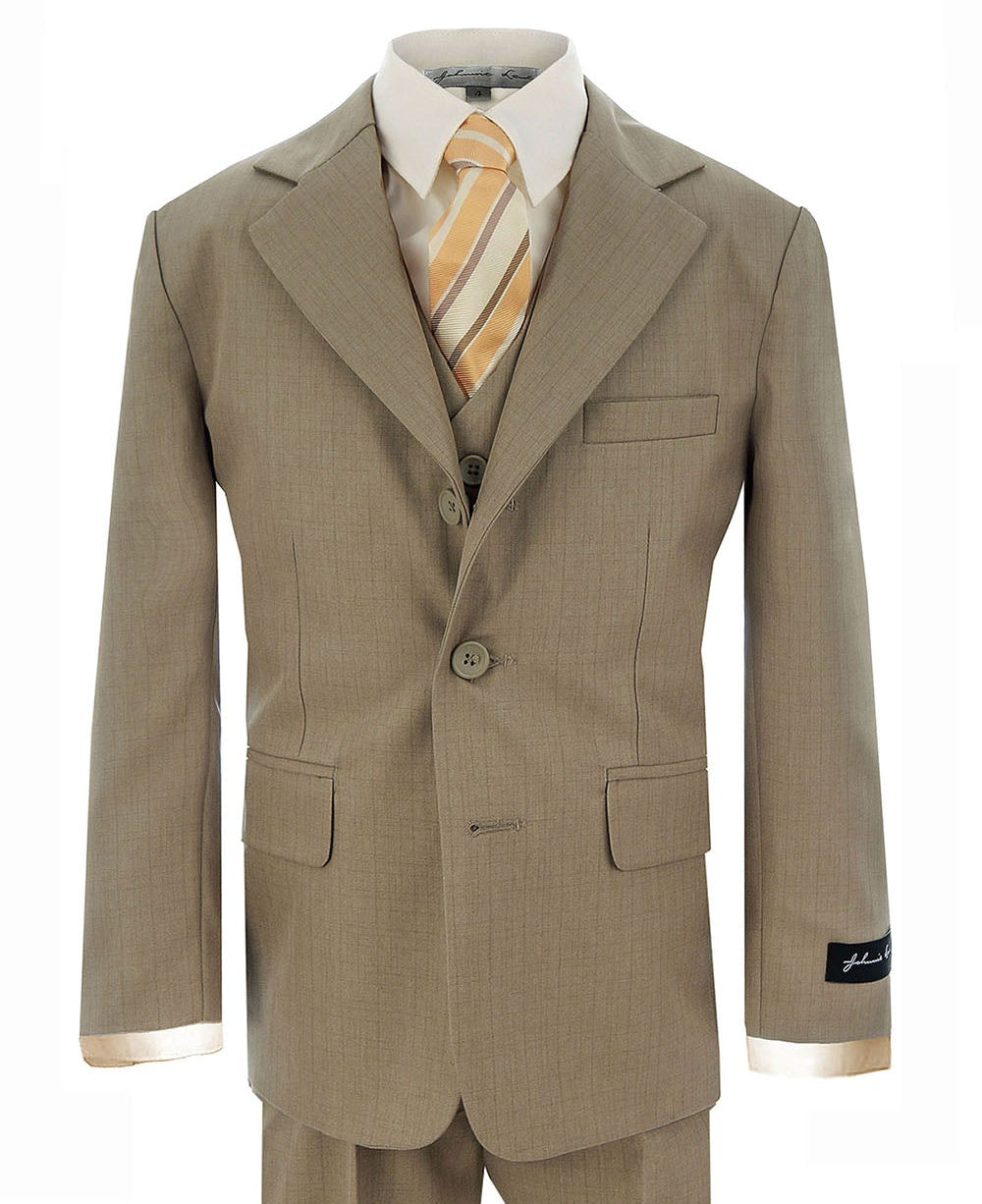 Johnnie Lene Boy's Suit Set: Blazer Vest Pants Shirt Tie Infants to Teen - Natural Beige