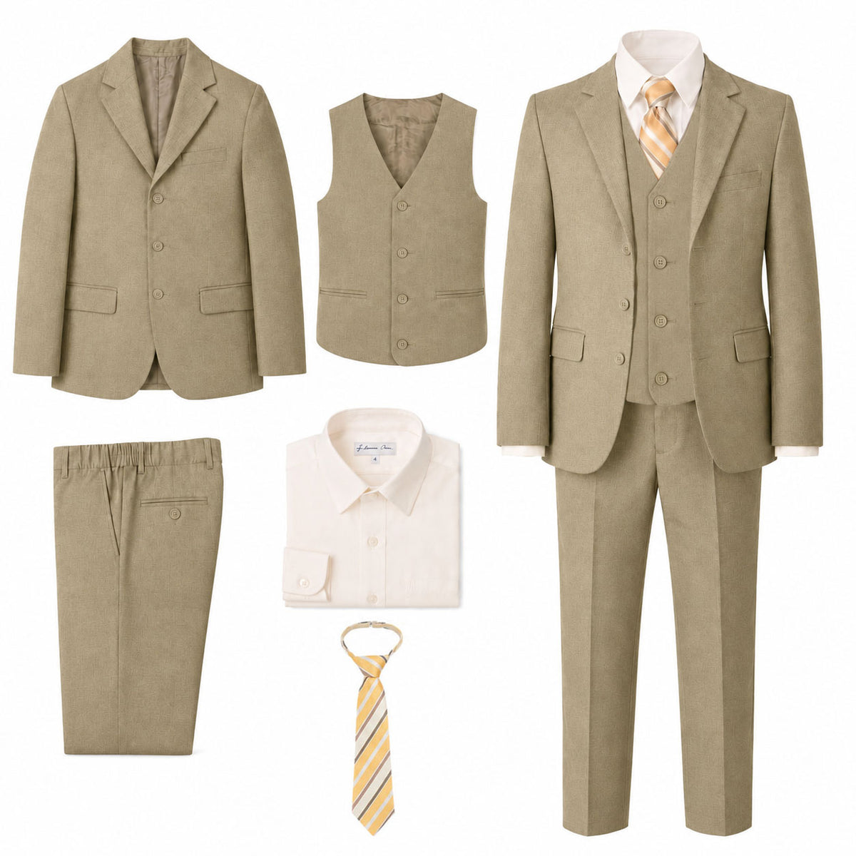 Johnnie Lene Boy's Suit Set: Blazer Vest Pants Shirt Tie Infants to Teen - Natural Beige