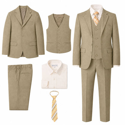 Johnnie Lene Boy's Suit Set: Blazer Vest Pants Shirt Tie Infants to Teen - Natural Beige