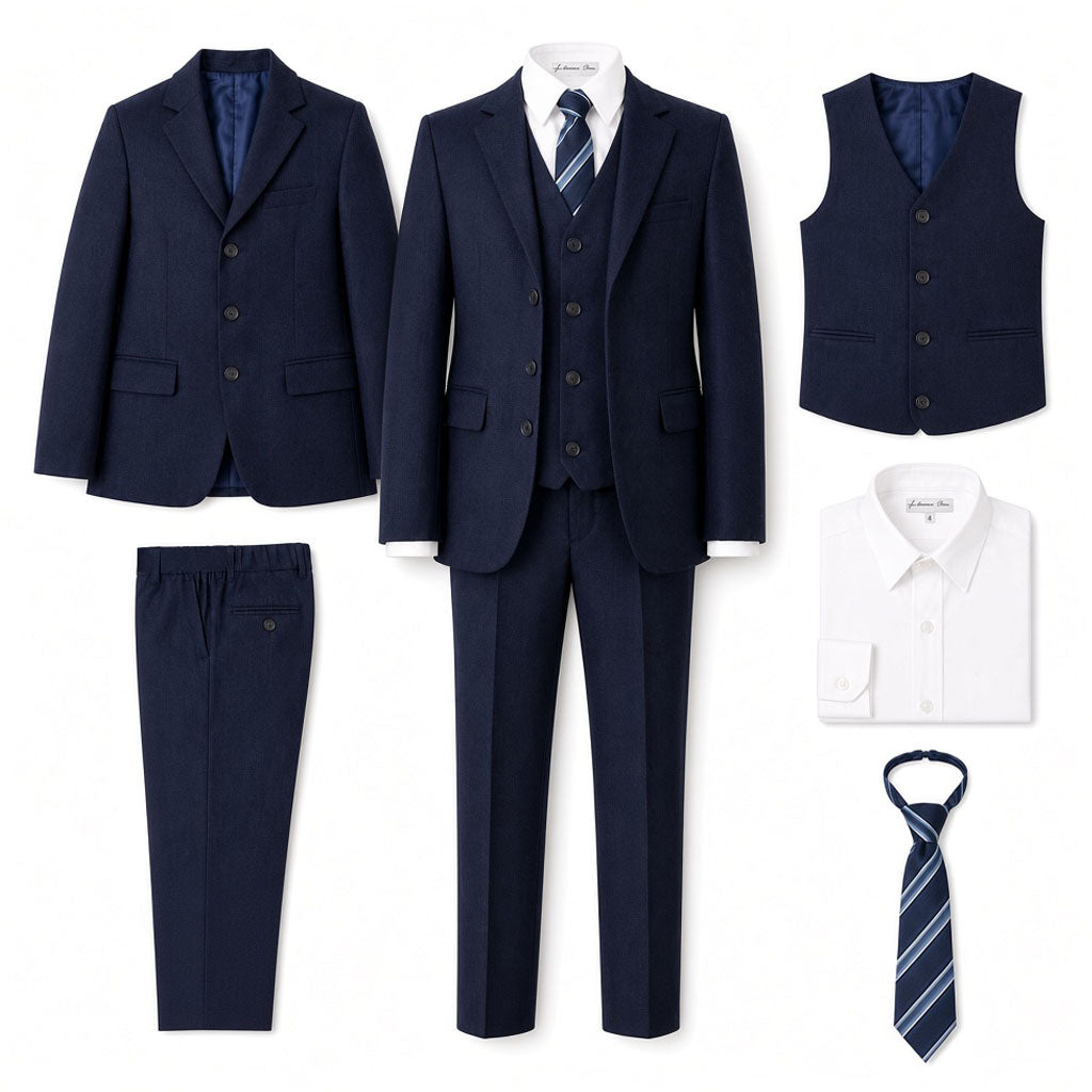 Johnnie Lene Boy's Suit Set: Blazer Vest Pants Shirt Tie Infants to Teen - Navy