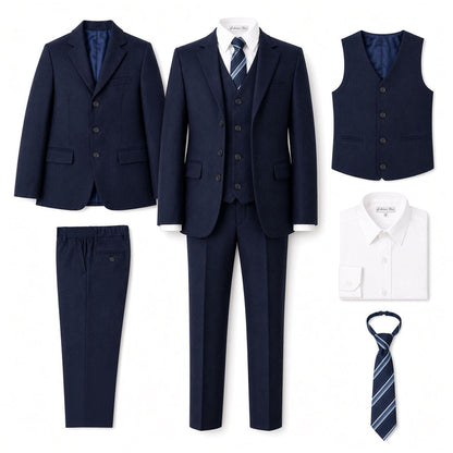 Johnnie Lene Boy's Suit Set: Blazer Vest Pants Shirt Tie Infants to Teen - Navy