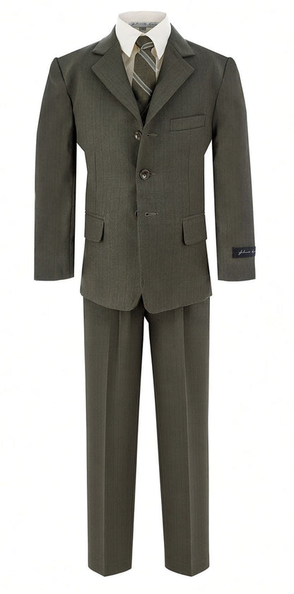 Johnnie Lene Boy's Suit Set: Blazer Vest Pants Shirt Tie Infants to Teen - Olive