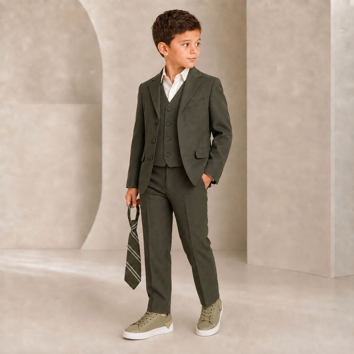 Johnnie Lene Boy's Suit Set: Blazer Vest Pants Shirt Tie Infants to Teen - Olive