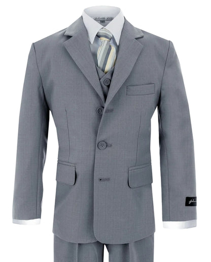 Johnnie Lene Boy's Suit Set: Blazer Vest Pants Shirt Tie Infants to Teen - Silver Gray