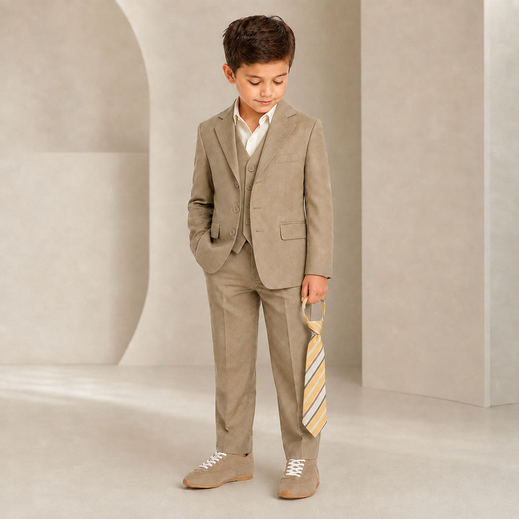 Johnnie Lene Boy's Suit Set: Blazer Vest Pants Shirt Tie Infants to Teen - Natural Beige