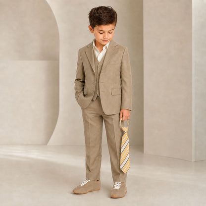 Johnnie Lene Boy's Suit Set: Blazer Vest Pants Shirt Tie Infants to Teen - Natural Beige