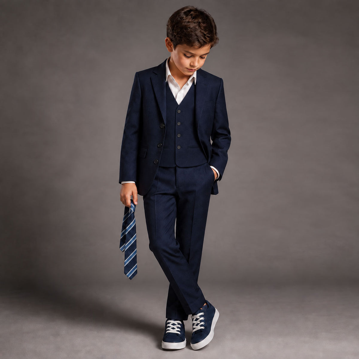 Johnnie Lene Boy's Suit Set: Blazer Vest Pants Shirt Tie Infants to Teen - Navy