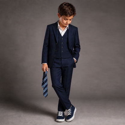 Johnnie Lene Boy's Suit Set: Blazer Vest Pants Shirt Tie Infants to Teen - Navy