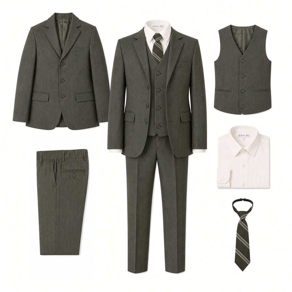 Johnnie Lene Boy's Suit Set: Blazer Vest Pants Shirt Tie Infants to Teen - Olive