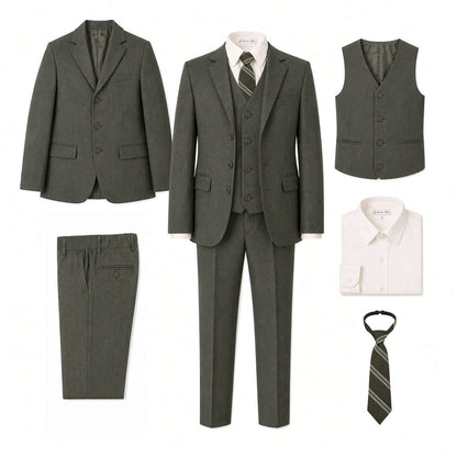 Johnnie Lene Boy's Suit Set: Blazer Vest Pants Shirt Tie Infants to Teen - Olive