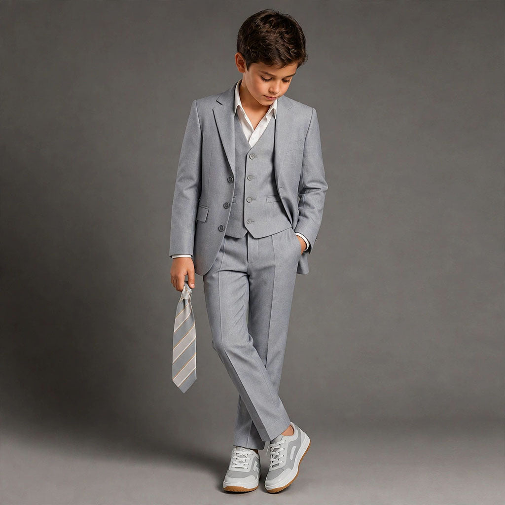 Johnnie Lene Boy's Suit Set: Blazer Vest Pants Shirt Tie Infants to Teen - Silver Gray