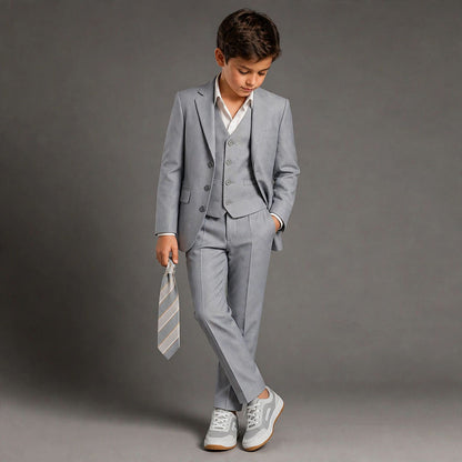 Johnnie Lene Boy's Suit Set: Blazer Vest Pants Shirt Tie Infants to Teen - Silver Gray