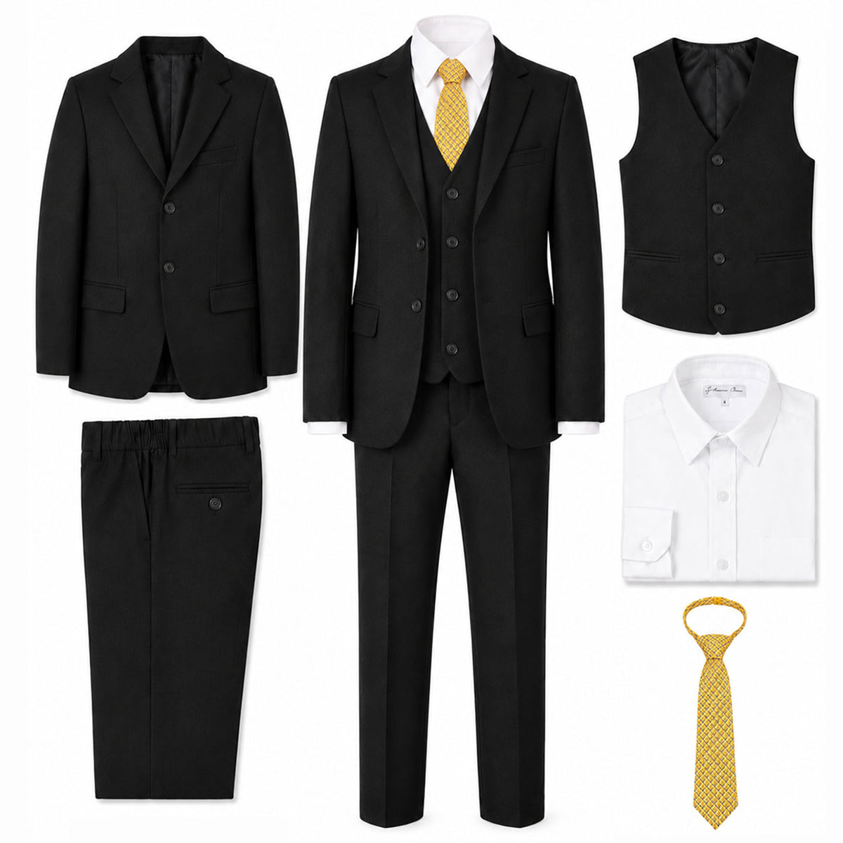 Johnnie Lene Boy's Suit Set: Blazer Vest Pants Shirt Tie Infants to Teen - Black