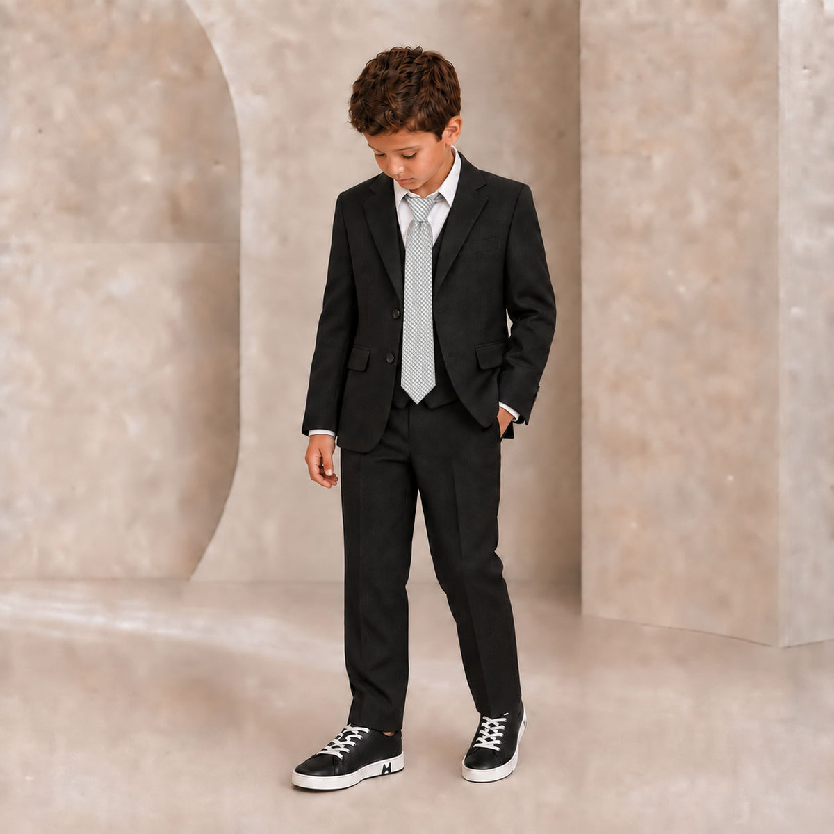 Johnnie Lene Boy's Suit Set: Blazer Vest Pants Shirt Tie Infants to Teen - Charcoal
