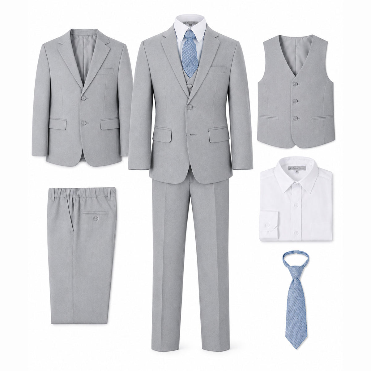 Johnnie Lene Boy's Suit Set: Blazer Vest Pants Shirt Tie Infants to Teen - Silver