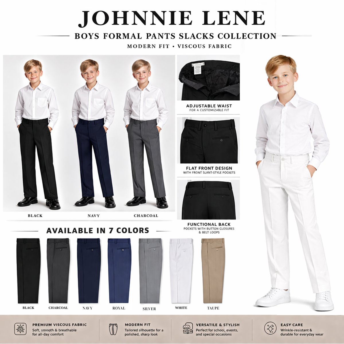 Johnnie Lene Boys' Flat Front Dress Pants Formal Straight Fit Slacks (Charcoal)