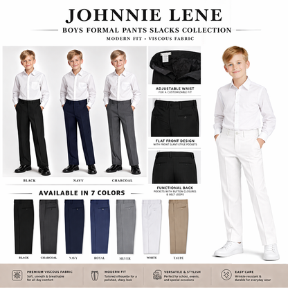 Johnnie Lene Boys' Flat Front Dress Pants Formal Straight Fit Slacks (Charcoal)